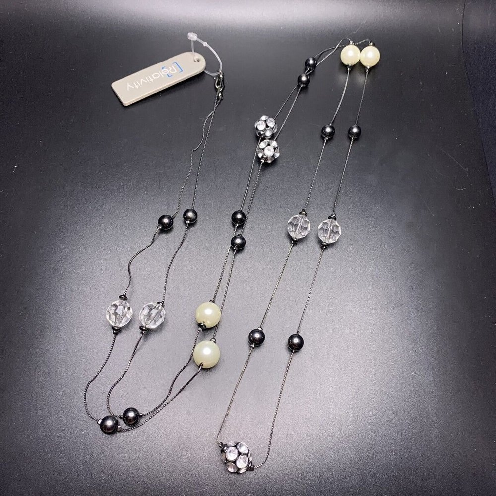 Relativity Extra Long Station Necklace Gunmetal Faux Pearl Rhinestone Fireball